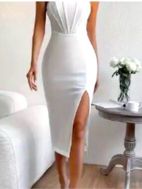 White Sleeveless Midi Dress with Side Thigh Slit